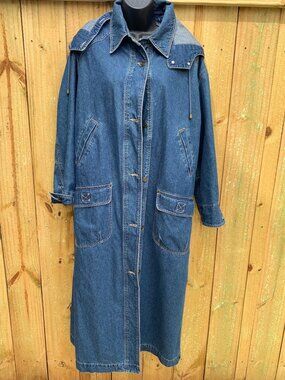 Denim Trench Duster Coat Plaid Lining Pockets Hooded Medium